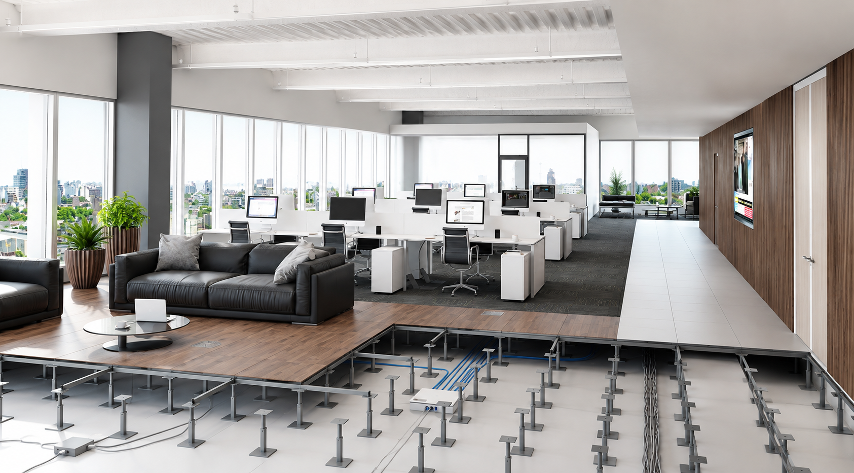 Raised access floor panels installed in a commercial interior